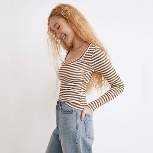 MADEWELL ribbed pointelle square scoop long sleeve tee S white brown stripe